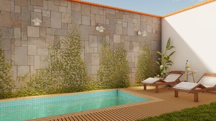 Pool with exterior wall and garden
