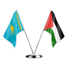 Two table flags isolated on white background 3d illustration, kazakhstan and palestine