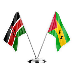 Two table flags isolated on white background 3d illustration, kenya and sao tome and principe