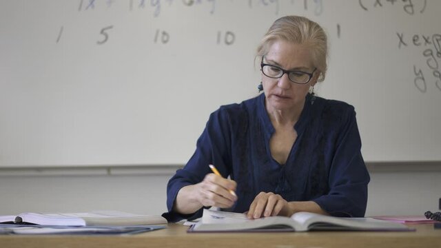Portrait of high school math teacher sitting at desk working on assignments for students.