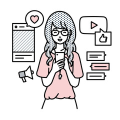 立ってスマートフォンでさまざまなSNSで楽しく交流する教師の女性