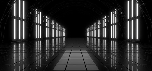 Naklejka premium A dark tunnel lit by white neon lights. Reflections on the floor and walls. 3d rendering image.