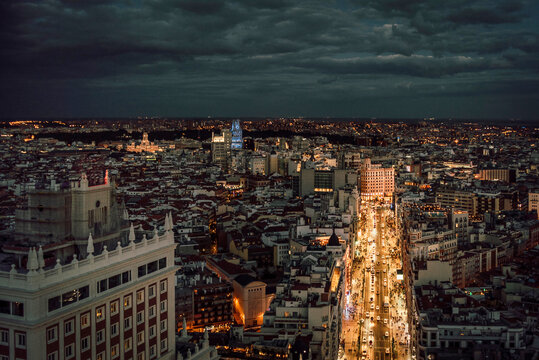 Aerial view of Madrid cityscape at night in Spain
