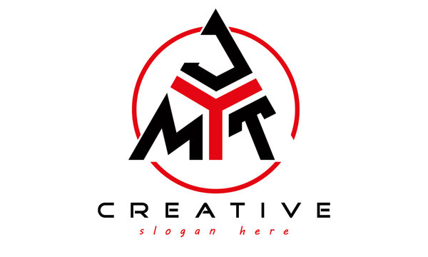 triangle badge with circle MJT letter logo design vector, business logo, icon shape logo, stylish logo template