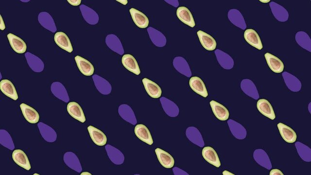 Colorful pattern of fresh avocados. Top view. Minimal tropical fruit concept. Seamless pattern with avocado sliced. Pop art design. Realistic animation. 4K video motion