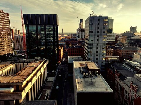 City with high-rise buildings in Manchester, England