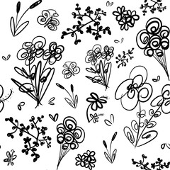 Floral hand drawn Seamless in black and white background. Ethnic style design with many flowers. Background curtains, carpet, clothing, wrapping. Seamless Pattern style.