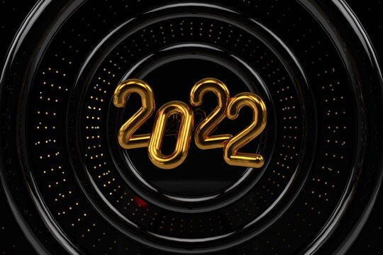 Happy New 2022 Year. Holiday vector illustration of golden metallic numbers 2022 and sparkling glitters pattern. Realistic 3d sign. Festive poster or banner design