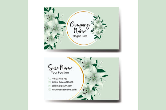 Business Card Template White Lily Flower .Double-sided Blue Colors. Flat Design Vector Illustration. Stationery Design