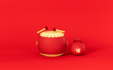 Luck bag and drum, translation blessing, 3d rendering.