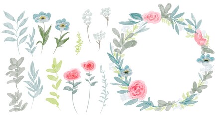 水彩画のピンクのバラと草木。装飾フレームとバラバラに書いたセットイラスト。