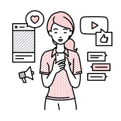立ってスマートフォンでさまざまなSNSで楽しく交流するポロシャツの女性