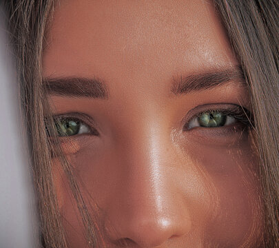 Woman with green eyes and brown hair in close-up