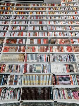 Worm view of library stacked with books