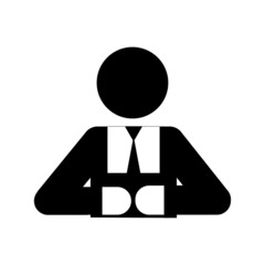 Waiter silhouette with menu. People sign. Restaurant service. Elegant suit. Line art. Vector illustration. Stock image. 