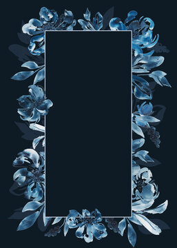 Blue watercolor flower frame with blank copy space