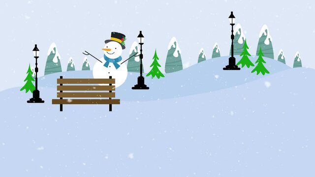 Cute snowman standing near the bench in snowy park