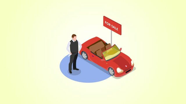 Sad man showing empty pocket near sold car