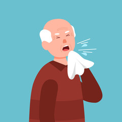 Senior man coughing concept vector illustration. Sick person from cold, flu and virus, influenza in flat design. Old man holding handkerchief sneeze and cough. - obrazy, fototapety, plakaty