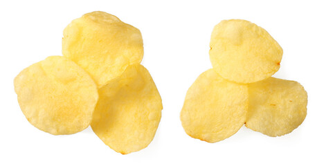 Potato chips isolated on white background, top view