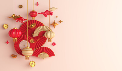 Chinese new year background 2022 with lantern, Chinese gold coin, hand fan umbrella, copy space text, 3d rendering illustration
