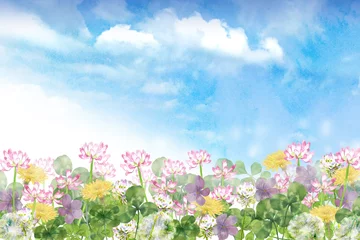  春の花畑の風景　水彩画 © 時々雨