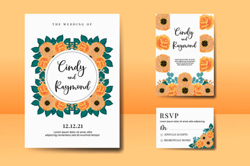 Wedding invitation frame set, floral watercolor Digital hand drawn Orange Rose and Anemone Flower design Invitation Card Template