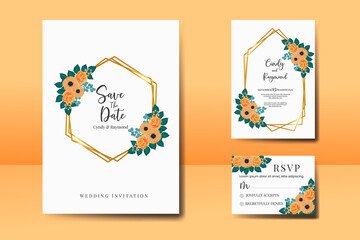 Wedding invitation frame set, floral watercolor Digital hand drawn Orange Rose and Anemone Flower design Invitation Card Template