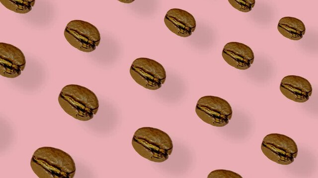 Colorful pattern of coffee beans on pink background with shadows. Seamless pattern with coffee bean. Top view. Realistic animation. 4K video motion