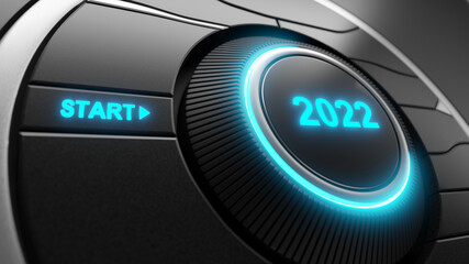 Start 2022. Happy New Year button. 3D illustration - obrazy, fototapety, plakaty