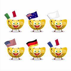 Orange gummy candy cartoon character bring the flags of various countries