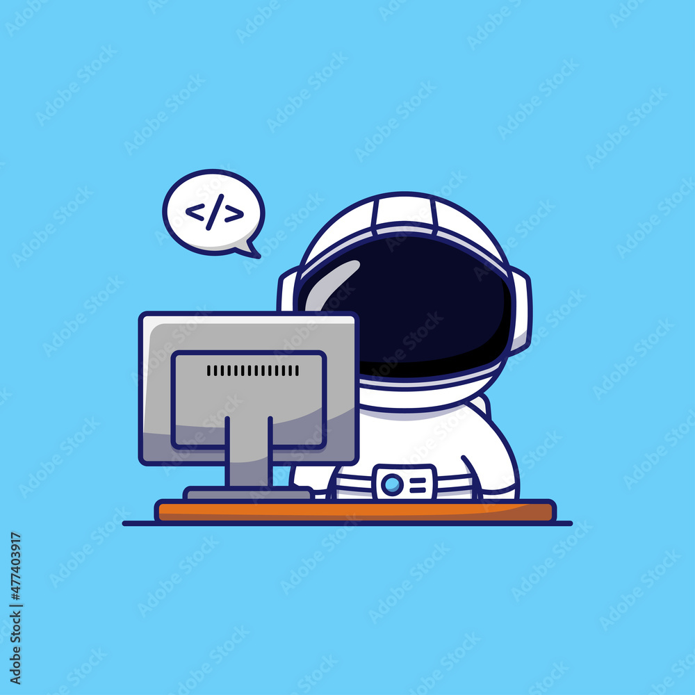 Wall mural cute astronaut working in front of his computer