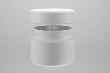 3D rendering round white plastic jar for cosmetic, cream, butter, scrub, gel, powder, wax.Realistic packaging mock up template