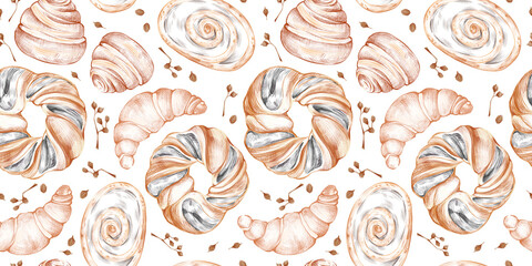 Hatch hand drawn cartoon style bakery seamless pattern with illustration of bakery product isolated on white background. Natural organic cinnamon bun, croissant, wicker bun, poppy seeds, roll