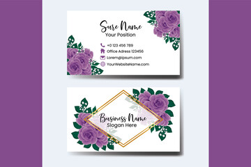 Business Card Template Purple Rose Flower .Double-sided Purple Colors. Flat Design Vector Illustration. Stationery Design