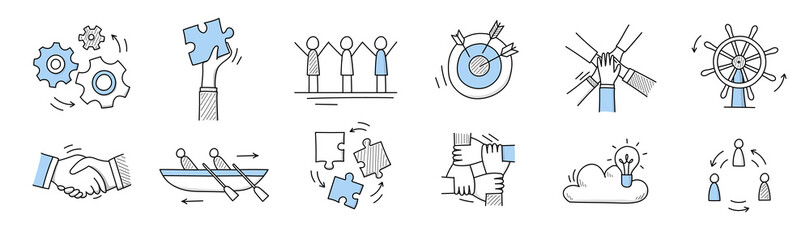 Teamwork icons with people work together, business target, puzzle pieces, handshake and steering wheel. Vector doodle set of team, partnership and organization concept © klyaksun
