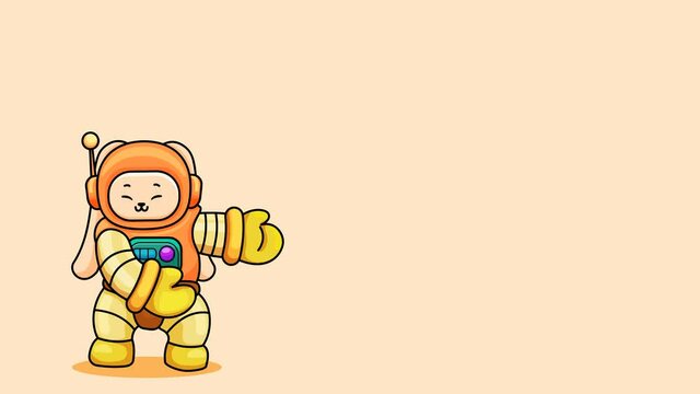 animated video of the astronaut bunny, wearing the orange spacesuit, and presenting the product. suitable for advertising, presentations, content creation, or education. with a light orange background
