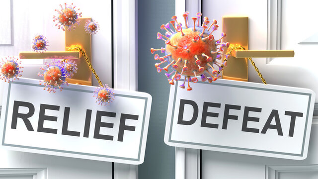 Covid relief or defeat - virus pandemic outcome and two future alternatives presented as 'relief' and 'defeat' door handle labels, 3d illustration