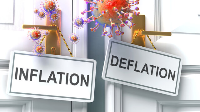 Covid inflation or deflation - virus pandemic outcome and two future alternatives presented as 'inflation' and 'deflation' door handle labels, 3d illustration