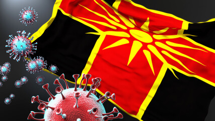 Covid in Drugovo Municipality North Macedonia - coronavirus and a flag of Drugovo Municipality North Macedonia as a symbol of pandemic in this city, 3d illustration
