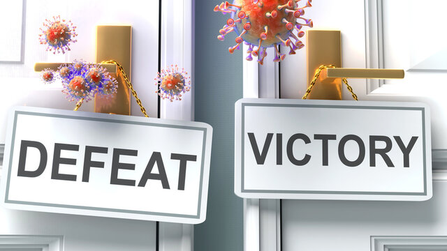 Covid defeat or victory - virus pandemic outcome and two future alternatives presented as 'defeat' and 'victory' door handle labels, 3d illustration