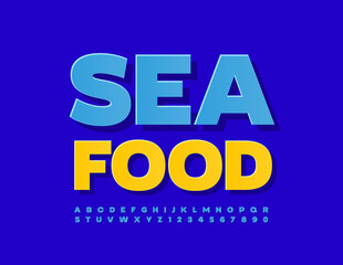Vector modern sign Seafood for Cafe, Menu, Store. Blue sticker Alphabet Letters and Numbers set. Creative bright Font