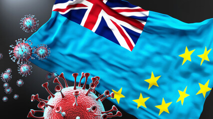 Tuvalu and the covid pandemic - corona virus attacking national flag of Tuvalu to symbolize the fight, struggle and the virus presence in this country, 3d illustration