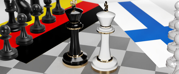 Germany and Finland - talks, debate, dialog or a confrontation between those two countries shown as two chess kings with flags that symbolize art of meetings and negotiations, 3d illustration