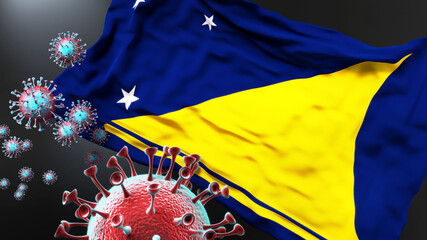 Tokelau and the covid pandemic - corona virus attacking national flag of Tokelau to symbolize the fight, struggle and the virus presence in this country, 3d illustration