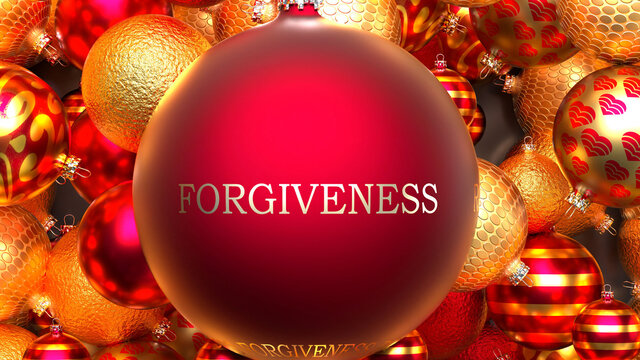 Christmas Forgiveness - dozens of golden rich and red Holiday ornaments with a Forgiveness red ball in the middle, 3d illustration