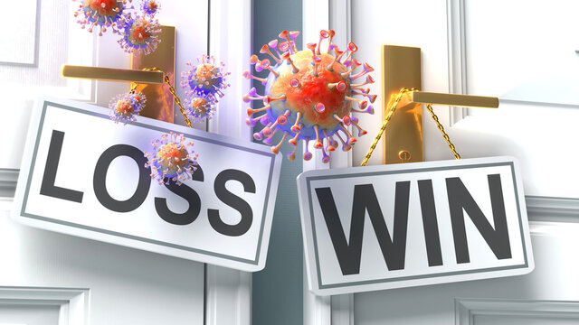 Covid loss or win - virus pandemic outcome and two future alternatives presented as 'loss' and 'win' door handle labels, 3d illustration
