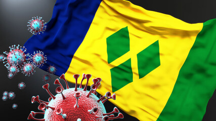 Saint Vincent and the Grenadines and the covid pandemic - corona virus attacking its national flag to symbolize fight with the virus in this country, 3d illustration