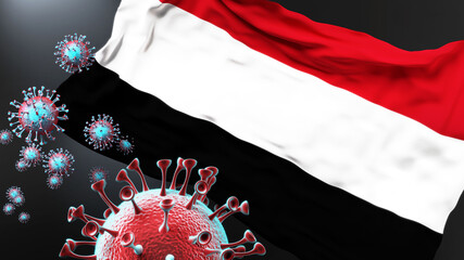 Yemen and the covid pandemic - corona virus attacking national flag of Yemen to symbolize the fight, struggle and the virus presence in this country, 3d illustration