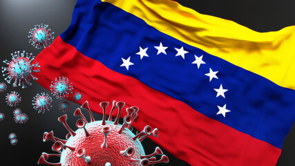 Venezuela Bolivarian Republic of and the covid pandemic - corona virus attacking its national flag to symbolize fight with the virus in this country, 3d illustration